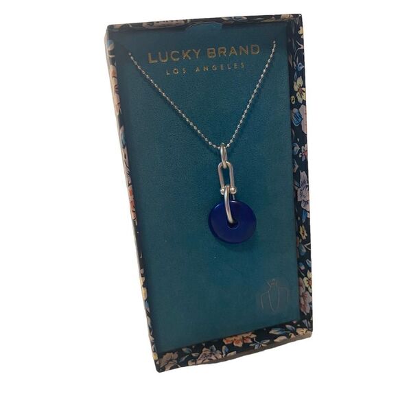 Lucky Brand Blue Circular Stone Pendant on long silver toned chain. - Picture 2 of 6